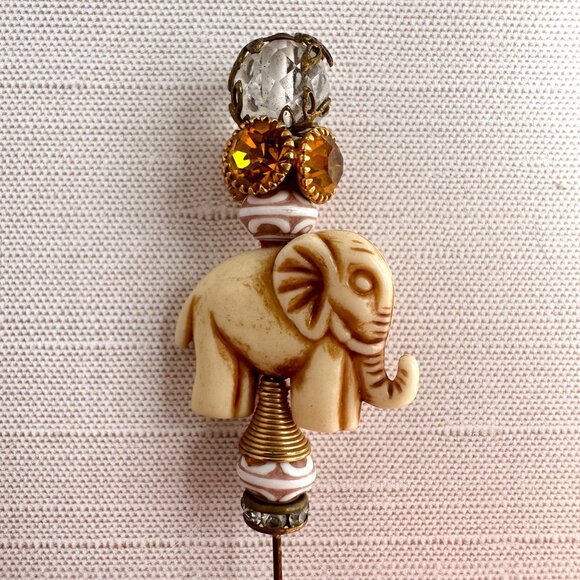 Carved Bone Elephant Hat Pin Amber Rhinestone Accent - Picture 13 of 15